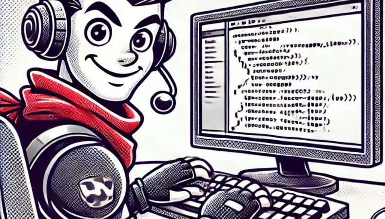 fornite_verse_code - over-the-shoulder 2D illustration of a cartoony Fortnite-style character typing code on a computer, combining Disney cartoon and comic book styles